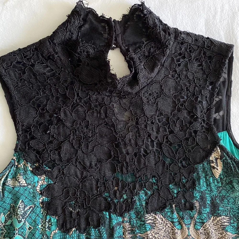Anthropologie Maeve Silk blend Butterfly Swan Green print Lace top Swing Dress - Picture 5 of 16